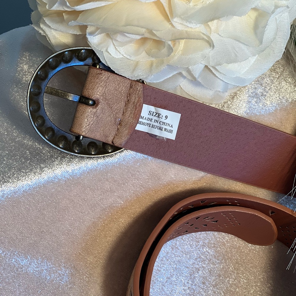Chic Tan Perforated Belt with Rhinestones on Buckle - Picture 5 of 16